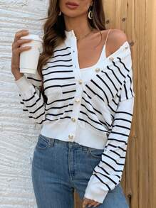 SHEIN Frenchy 女士條紋圓領長袖開衫 - 杏色 - 查看 6