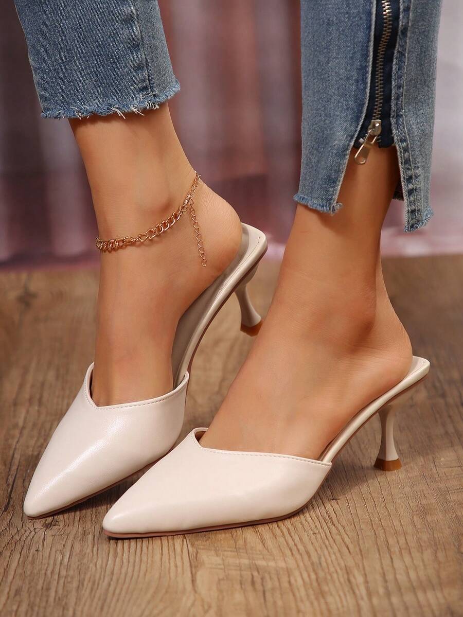 女式高跟鞋，時尚細跟鞋適配裙子，尖頭後空半拖鞋高跟鞋 - 米色 - 查看 1