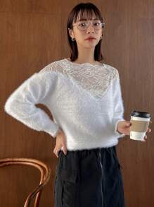 FRIFUL 女式拼布蕾丝和蓬松毛衣，秋季女装 - 白色 - 查看 8