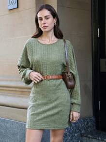 SHEIN Frenchy Batwing Sleeve Rib-Knit Dress Without Belt Winter Green Christmas Casual