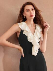 MOTF PREMIUM 编织女式撞色荷叶边开衩下摆连衣裙，情人节装 - 黑色 - 查看 3