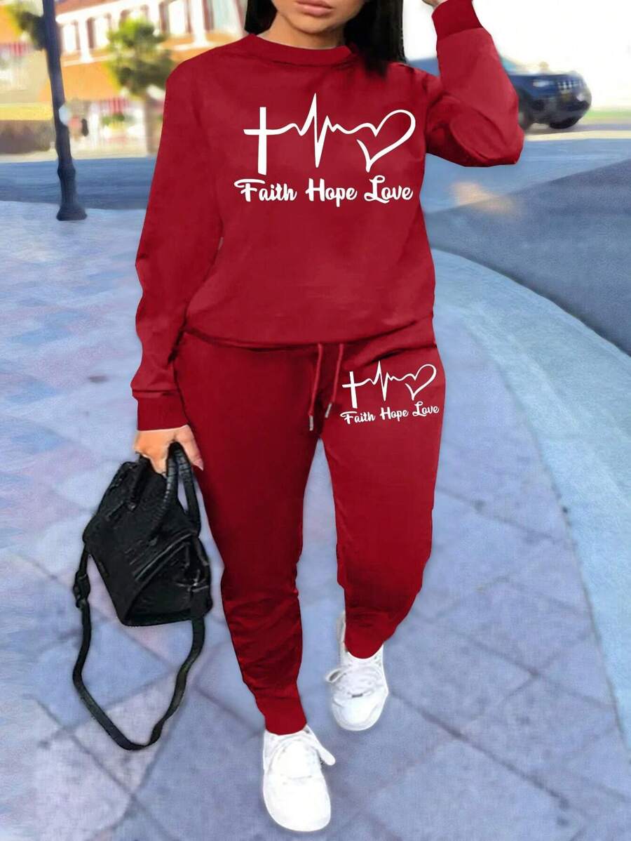 INAWLY Plus Size Women's Letter Printed Sweatshirt And Drawstring Waist Long Pants Two Piece Set - Burgundy - View 1