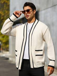 Manfinity Homme 男士撞色拼接滚边双口袋开衫，全白撞色都市时尚，适合秋冬季节，长袖上衣 - 杏色 - 查看 4