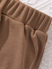 SHEIN Leap Crew 十幾歲女孩針織純色圓領無袖褶裙背心和針織長褲套裝 - 卡其色 - 查看 5