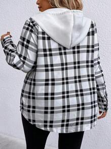 SHEIN LUNE Chaqueta Con Capucha Y Cordón Con Estampado De Cuadrícula De Talla Grande - Blanco y Negro - Ver 2