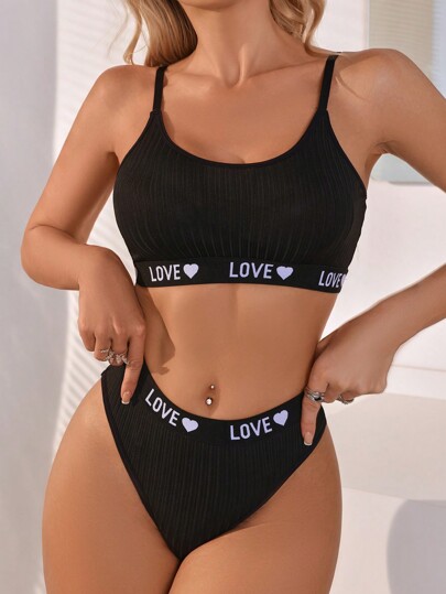 EasyFave Yoga Letter Heart Print BH Underwear Set Weave ing Lingerie Sports view 4