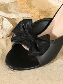 新款黑色粗跟蝴蝶結圓頭露趾媽媽鞋，時尚派對高跟涼鞋女士款 - 黑色 - 查看 4