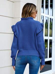 SHEIN Cottnline Women's Color Block Knitted Sweater, Embellished With Ruffle Layer And Tie Detailing - Blue - View 2