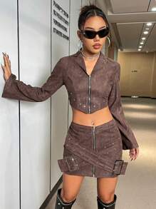 SHEIN Unity Rivet Pearl Zipper Collarless Jacket And Skirt Set - Coffee Brown - View 4