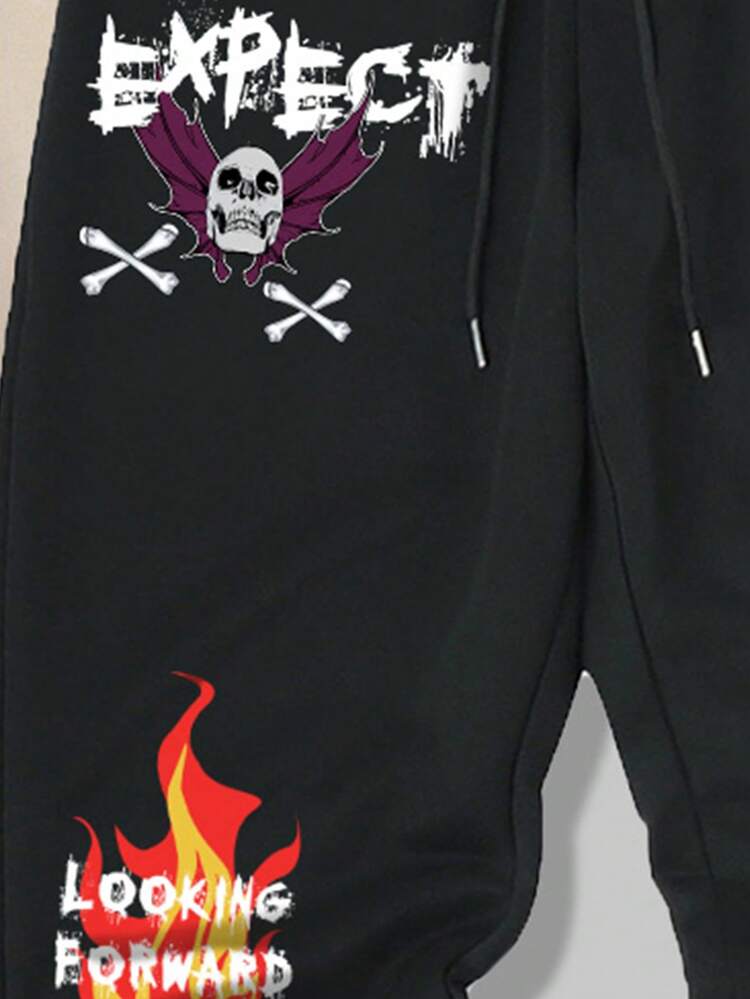 ROMWE MEN Street Life 男款骷髏印花帶標語帽衫和運動長褲,2入組 - 卡其色 - 查看 3