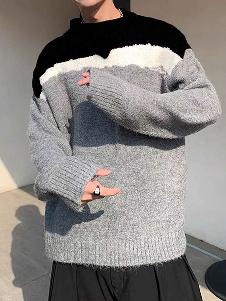 Loose Fit Men's Color Block Sweater With Dropped Shoulders