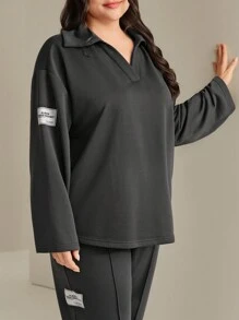 Mulvari Plus Size Women'S Letter Patchwork Turn-Down Collar Sweatshirt And Long Pants Set - Dark Grey - View 4