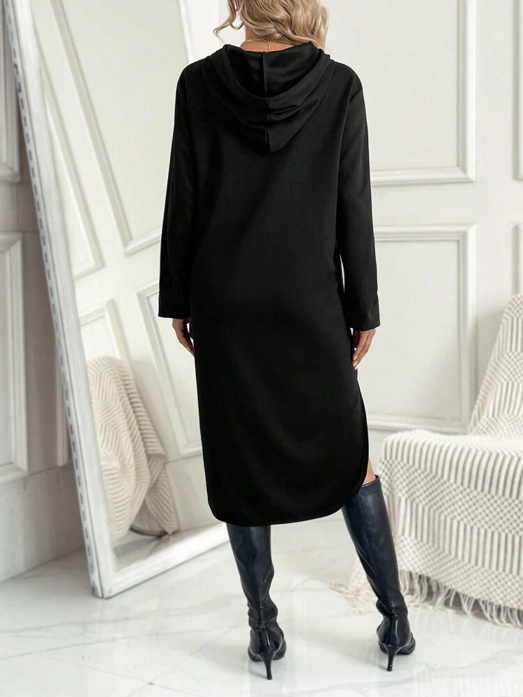 Maternity Hooded Sweatshirt Dress With Drawstring And Side Slits, For Winter