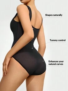 Solid Mesh Insert Shapewear Bodysuit - Black - View 3