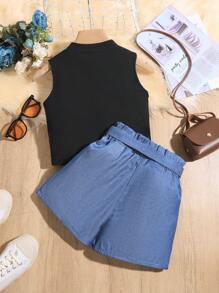SHEIN Tween Girl Solid Color Vest And Shorts 2 Piece Set
