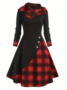 SHEIN LUNE 女士格紋拼接扣細節扭結連帽毛衣裙 - 黑色 - 查看 1