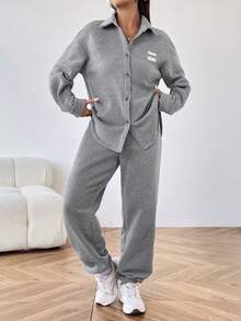 Muchica Textured Patchwork Buttoned Jacket And Pants Set - Grey - View 6