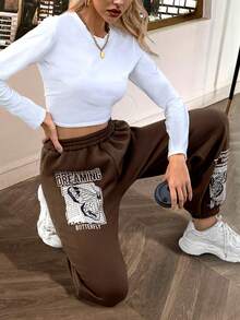 Pantalones Deportivos Con Cintura Elástica Y Estampado De Letras - Café integral - Ver 1