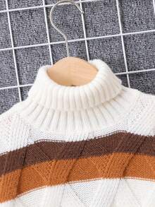 SHEIN Con trai Hợp thời Khối màu Sọc Cổ cao Áo len Áo khoác - Màu be - Xem 3