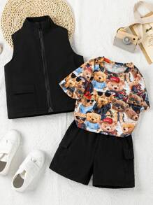 SHEIN Young Boys' Cartoon Print T-Shirt, Solid Color Vest And Cargo Shorts Set With Bear Detail