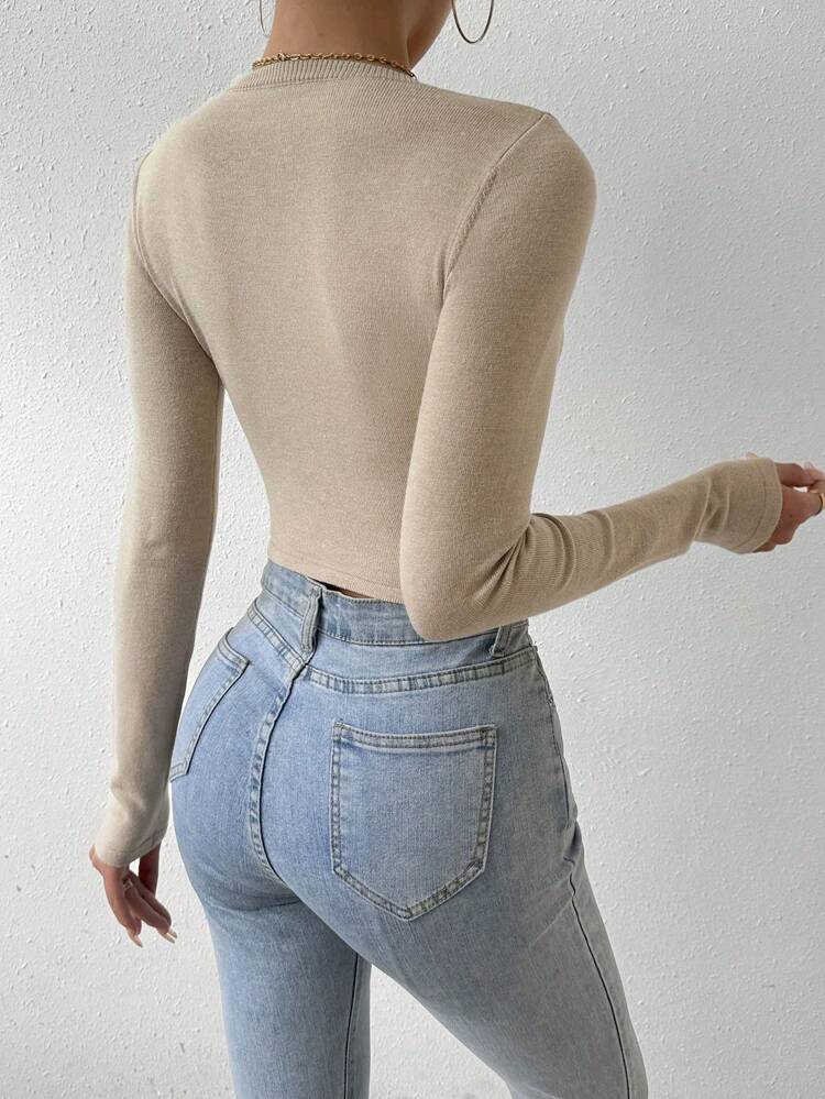 Solid Color Round Neck Short Length Long Sleeve Slim Fit Knit Pullover Fall Winter Sweater