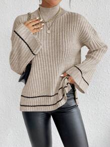 SHEIN LUNE Women's Colorblock High Neck Pullover Sweater With Side Slit, Casual & Versatile, Autumn/Winter Knit Pullover Fall - Khaki - View 5