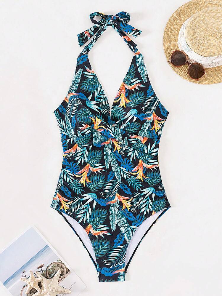 Summer Tropical Print Knotted Backless One Piece Swimsuit