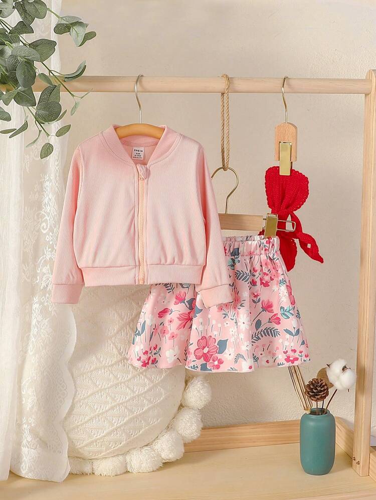 Baby Girls' Set Of Plain Ribbed Zip-Up Jacket And Floral Printed Skirt, Cute And Fashionable, Suitable For Vacation, Autumn And Winter Seasons