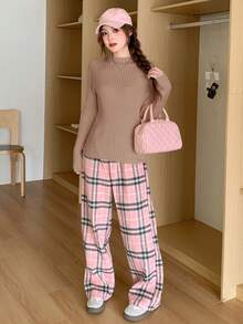 DAZY 立領羅紋針織毛衣 - 卡其色 - 查看 4