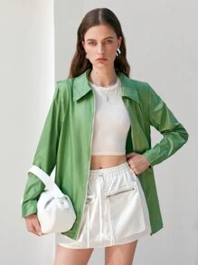 Anewsta Camisa Con Cremallera De Doble Cabeza De Color Liso Para Mujer - Verde - Ver 3