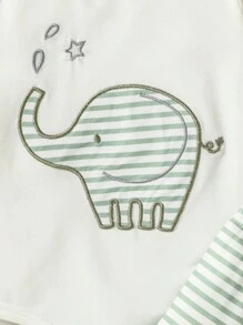 男婴卡通大象刺绣连体衣套装，含条纹裤、帽子和围兜 - 彩色 - 查看 7