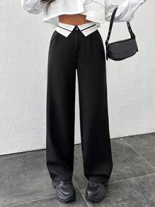 EURMUSE Contrasting Waist Dress Pants - Black - View 1