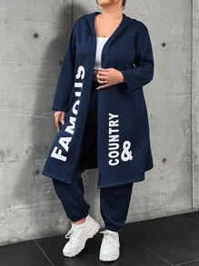Calvaya Plus Size Women's Letter Printed Hooded Fleece Jacket And Pants Set - Navy Blue - View 4