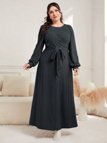 Mulvari 大尺碼女裝燈籠袖系帶連衣裙 - 深灰色 - 查看 5