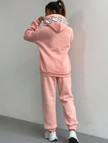 Women's Casual Fashionable Cartoon Bear Printed Hooded Sweatshirt And Pants Set For Family Matching Outfits, Mommy And Me Style (4 Sets Are Sold Separately) - Pink - View 2