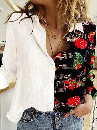 Christmas Printed Patchwork Collar Casual Loose Long Sleeve Shirt