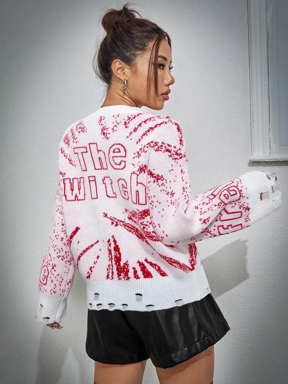 Text Print Round Neck Casual Knit Pullover Fall Winter Sweater