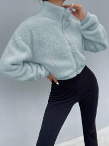 SHEIN Unity Solid Color Teddy Zip Front Jacket With Drop Shoulder - Blue - View 5