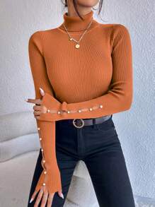 SHEIN Privé Women's Turtleneck Ribbed Texture Long Sleeve Sweater - Orange - View 5