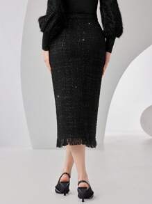 Modelyn Button Front Raw Hem Tweed Skirt - Black - View 2