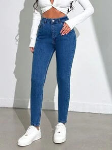 SHEIN Cottnline 女式修身牛仔褲 - 中等水洗藍 - 查看 5