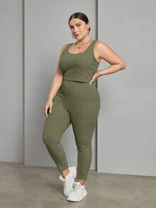 SHEIN Essnce Plus Size Women's Long Sleeve Hollow Out Cardigan Vest And Leggings Set - Army Green - View 6