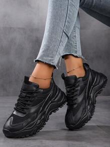 Sporty Front Chunky Sneakers For Women,,Two Tone Graphic Lace-up Platform Shoes Black Shoes Lightweight Breathable Comfortable Outdoor Sports Shoes For Women