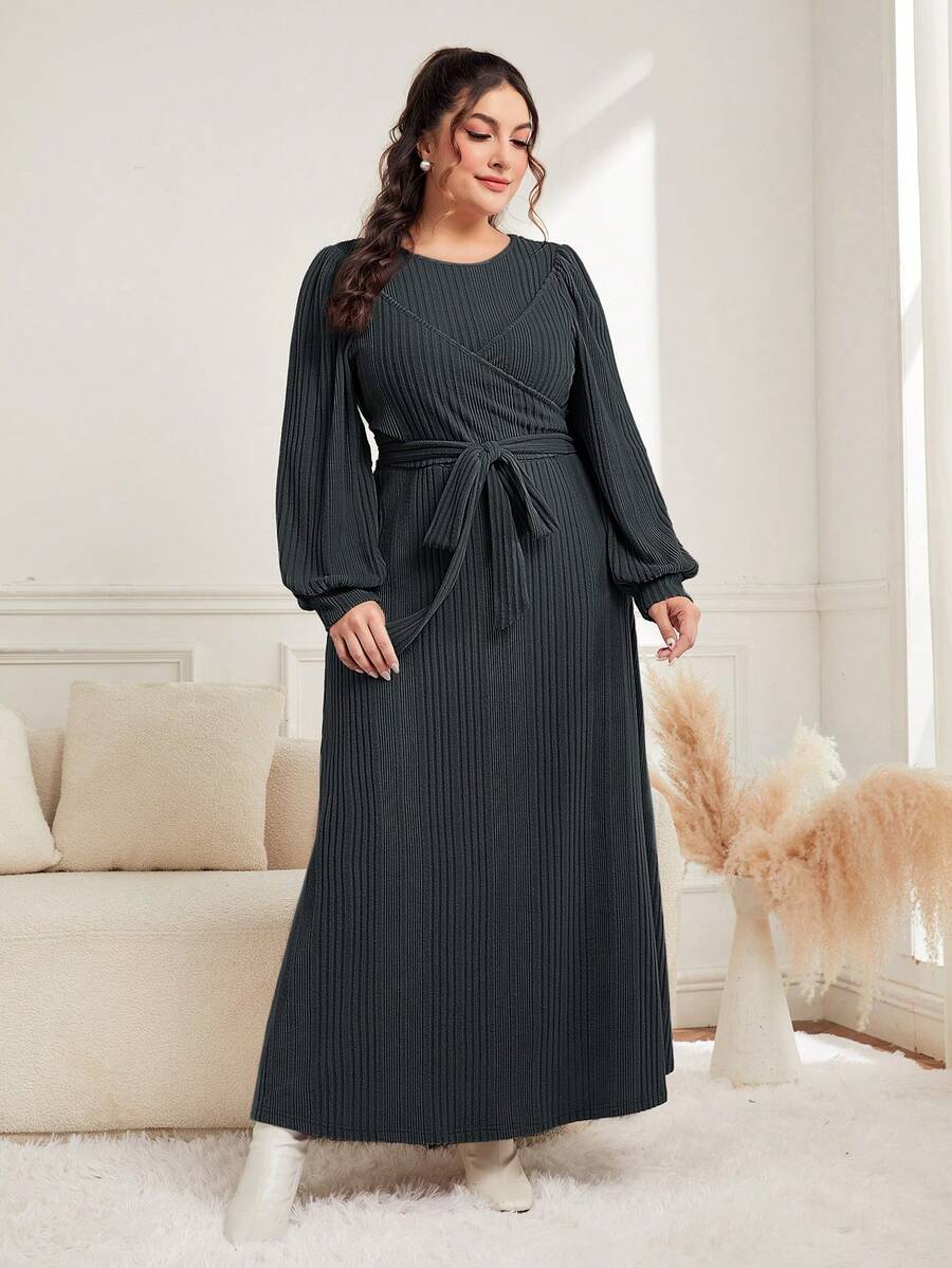 Mulvari 大尺碼女裝燈籠袖系帶連衣裙 - 深灰色 - 查看 1