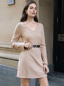 SHEIN Frenchy Solid V-Neck Tee Dress Winter Casual - Coffee - View 5
