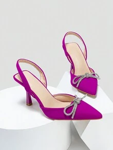 Tacones De Aguja De Punta De Mujer Con Pedrería - Brillo De recubierto Brillante Zapatos De Mujer Sin Respaldo Con Pedrería Para Fiestas, Primavera - Rosa Fucsia - Ver 5