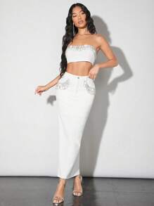 SHEIN BAE Lãng mạn Ngày lễ tình nhân Ngày đêm Hoặc Buổi tiệc Trắng Sọc & Kim cương Chuỗi Ánh sáng lung linh Quây Quần skinny Áo Đối với phụ nữ - màu đen - Xem 6