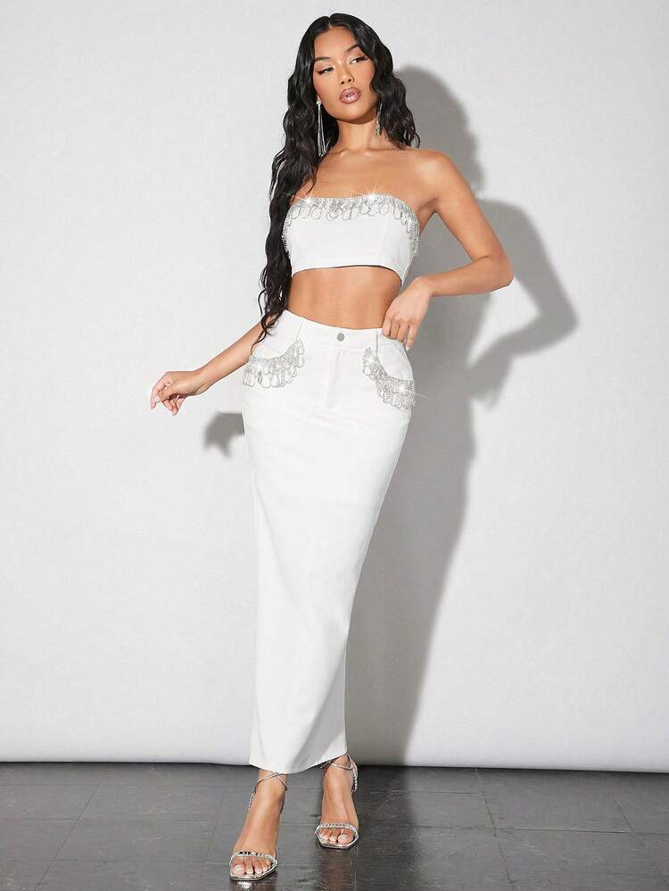 Romantic Valentine's Day Dating Or Party White Fringe & Diamond Chain Shimmer Strapless Cropped Top For Women