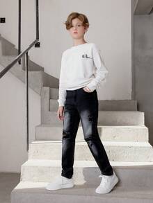 Cậu bé Tween Rách Denim mùa giặt Quần jean - màu đen - Xem 7