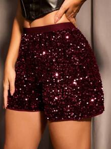 SHEIN Allurite Women's Sparkly Shorts - Burgundy - View 2